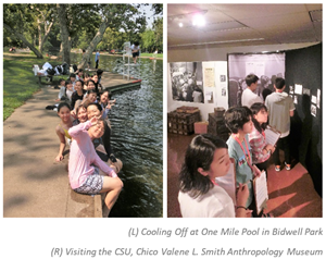 Okinawan students cooling off at One Mile Pool in Bidwell park (left) and visitng the Valene L. Smith Anthropology Museum at CSU, Chico (right).