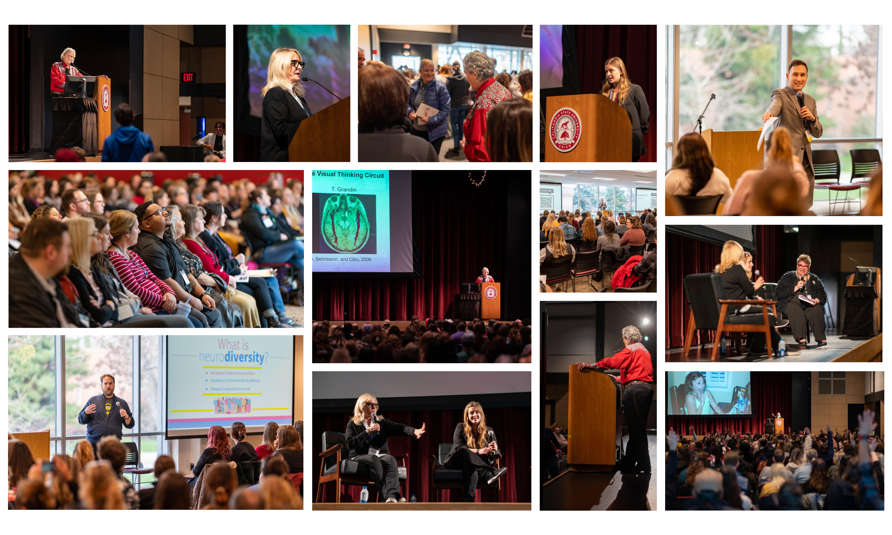 2024 Neurodiversity & Disability Symposium highlights. Images of Dr. Temple Grandin, Blake Warner, John Marble, Abbey & Christine Romeo, and attendees. 