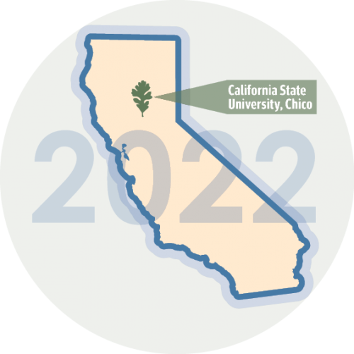Outline map of the state of California with an oak leaf marking the location of Chico, CA
