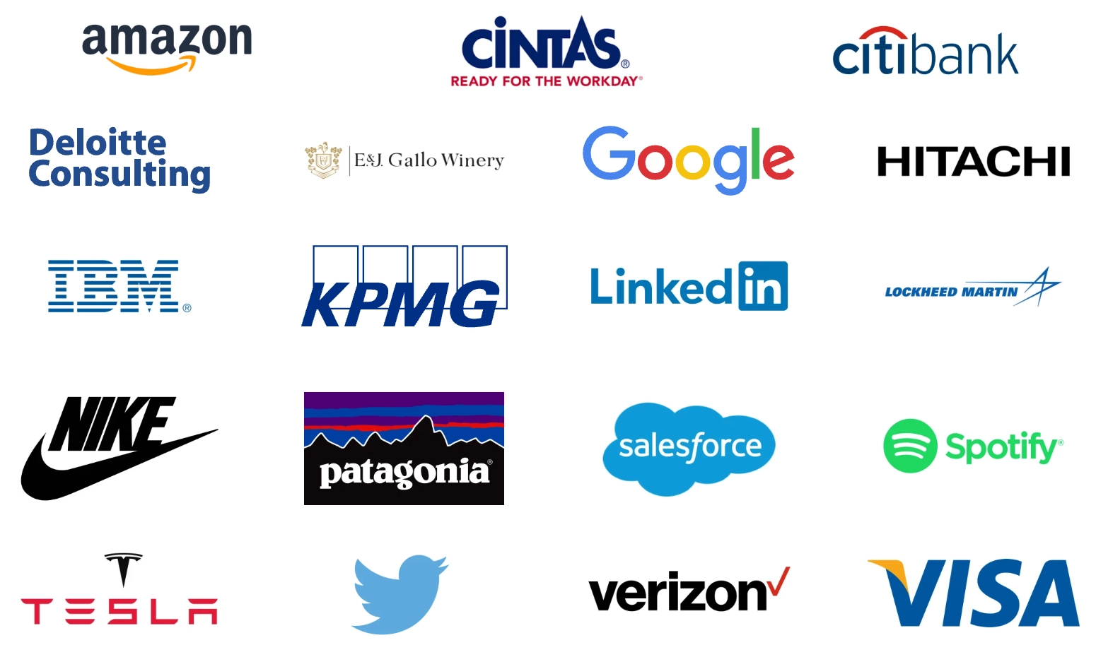 Logos of companies--Amazon, Cintas, Citibank, Deloitte, Gall Winery, Google, Hitachi, IBM, KPMG, LinkedIn, LockheedMartin, Nike, Patagonia, Salesforce, Spotify, Tesla, Twitter, Verizon, VISA-- who have hired Chico State BSBA grads