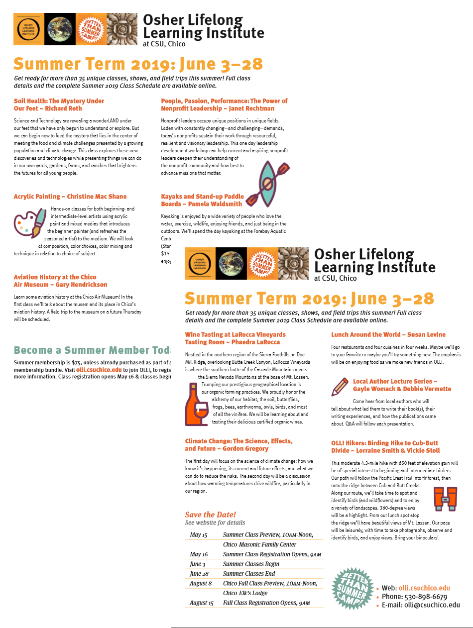 Decorative Image: Click to download a pdf flyer about the summer term. All information can also be found online at https://olli.csuchico.edu