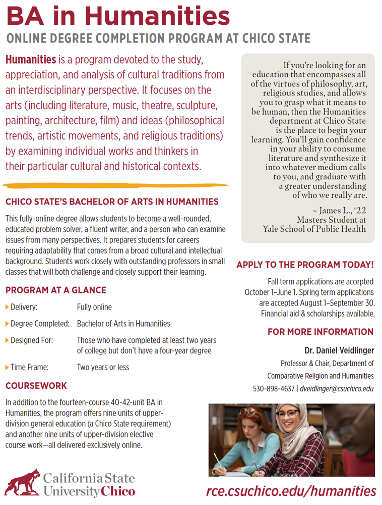 Information Flyer for the BA in Humanities Degree Completion Program at Chico State