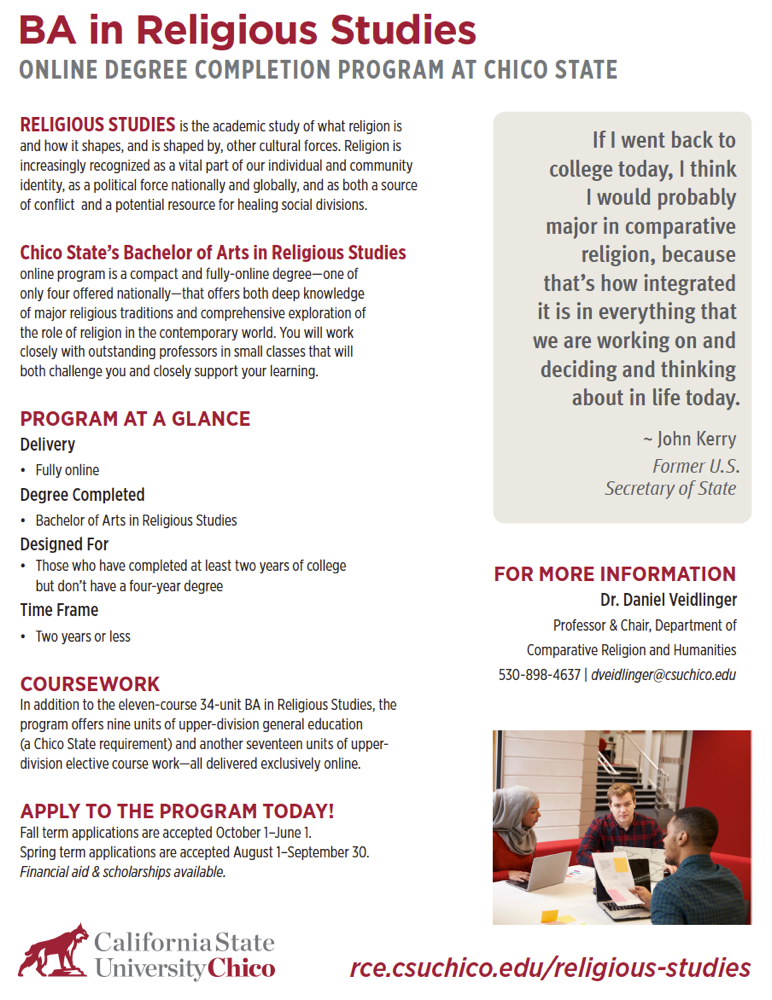 Flyer for the Online BA in Religious Studies Degree Completion Program at Chico State