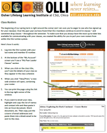 OLLI Peer Leaders can now access their class rosters online anytime! Class Roster Instructions