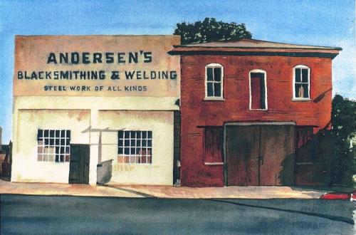 Watercolor of the blacksmith shop at 231 W. 8th Street in Chico by Osher Lifelong Learning Institute professor and former Chico State professor Cris Guenter. (Cris Guenter — Contributed)