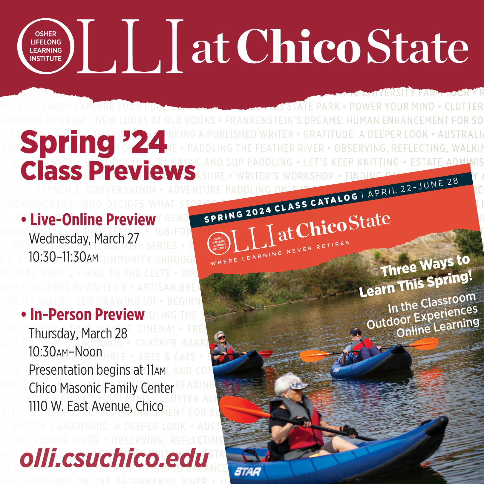 OLLI Spring 2024 live-online and in-person class previews. 