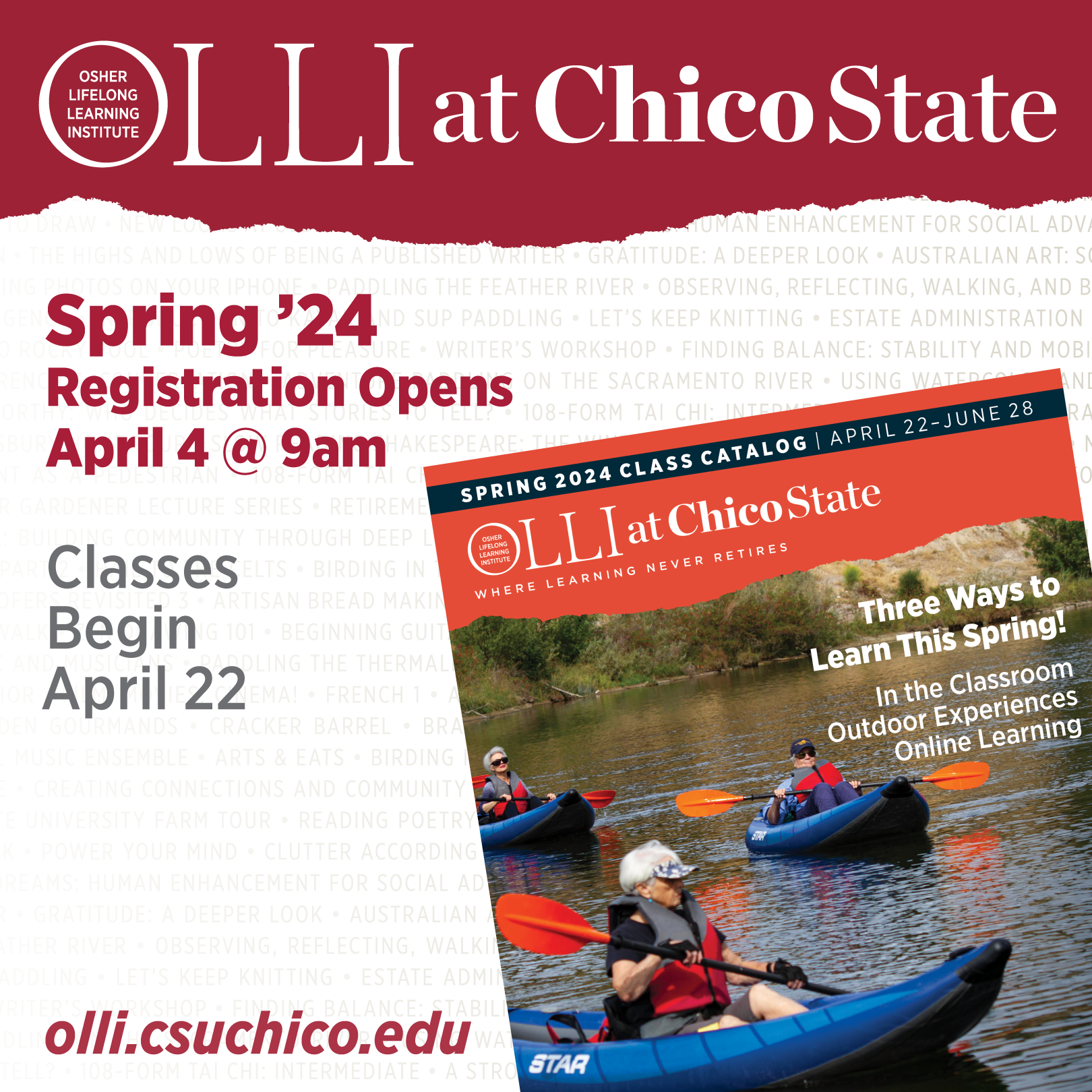 Graphic image that reads "OLLI Spring 2024 registration opens April 4" 