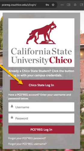 Registration site log in screen with arrow pointing to the Chico State Log In button